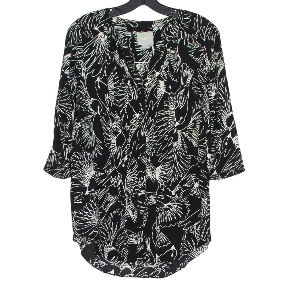 Maeve Top 3/4 Sleeve Bird Boho Minimalist Coastal Retro Button Up Black White 4‎